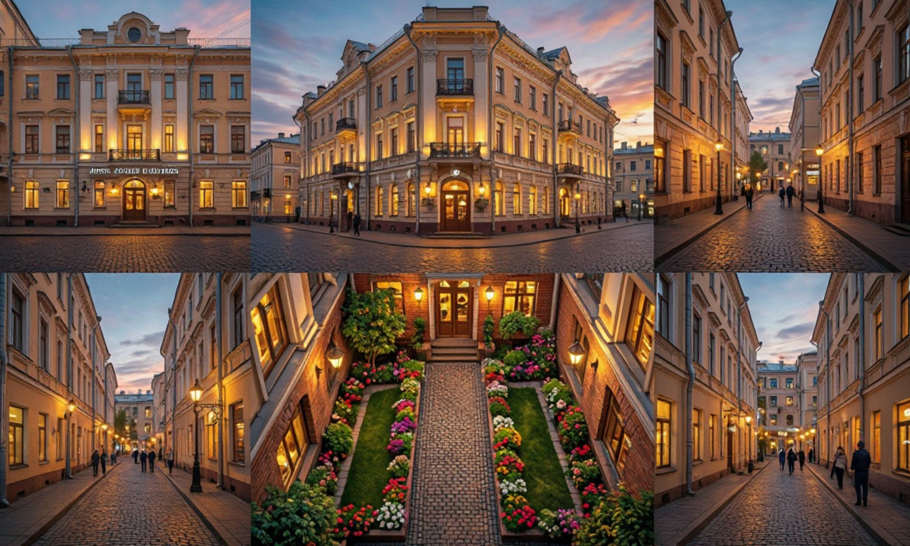 Вечерний Арбат с подсвеченными зданиями отелей